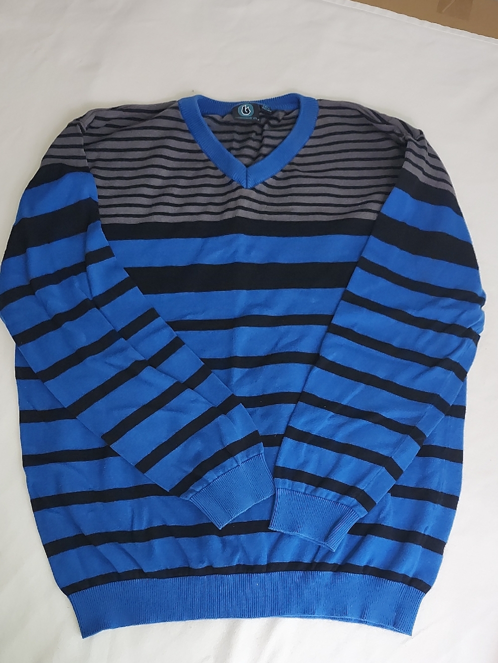 Burnside Blue and Black Striped V-Neck Sweater